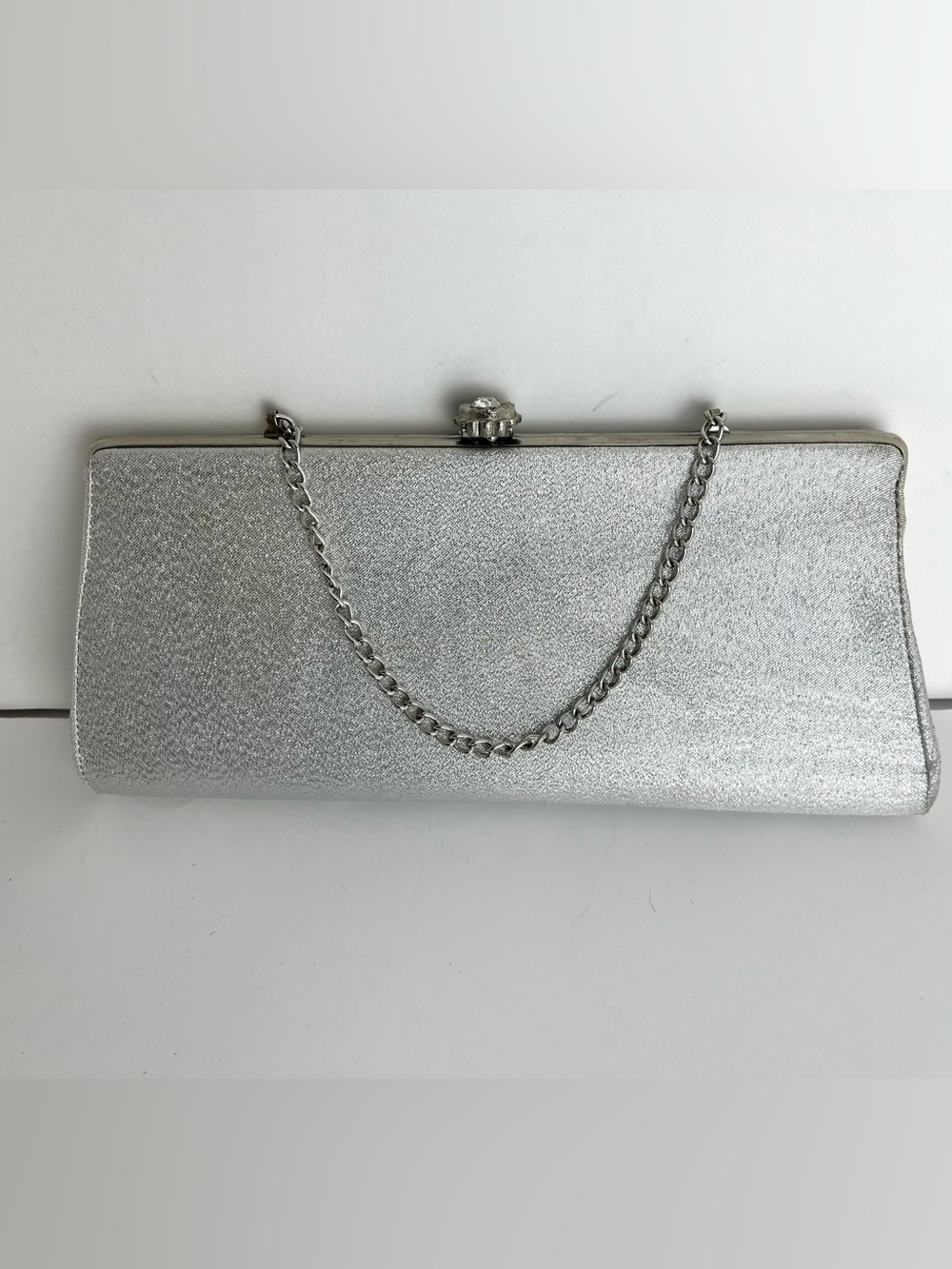 Silver Shine Fabric Evening Clutch with Chain Strap and Rhinestone Clasp